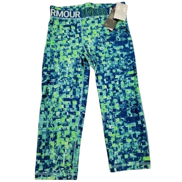 Under Armour Girls HeatGear Capri Leggings Green Blue Large - Picture 1 of 5